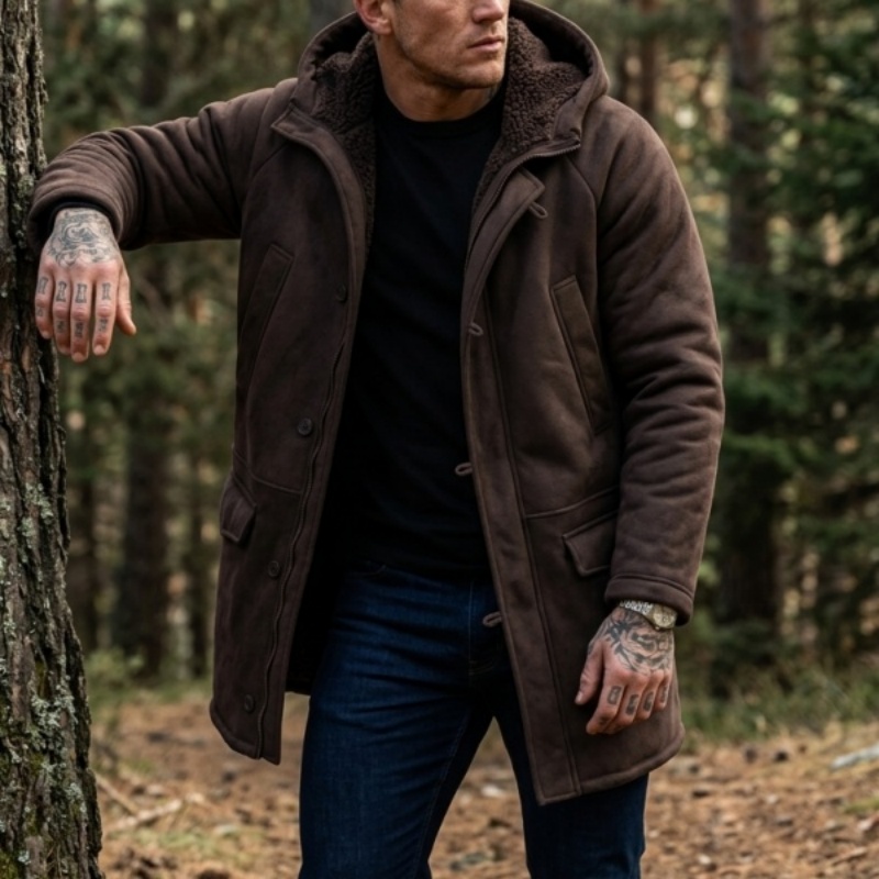 Hunting Outdoor Wear - メンズフェイクファー裏地付きフード付き冬用ジャケット | 防風フリースアウトドアコート 暖かいハンティング・ハイキングウェア ソフトメンズウィンタージャケット