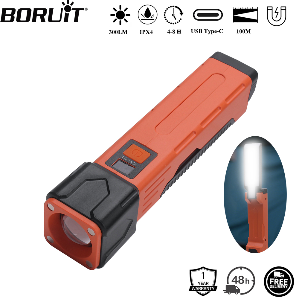 Outdoor Hunting Lights - BORUiT 300LM LED 作業灯ズーム懐中電灯タイプ C 充電式パワーバンクトーチ磁気修理ランプ安全ハンマーランタン