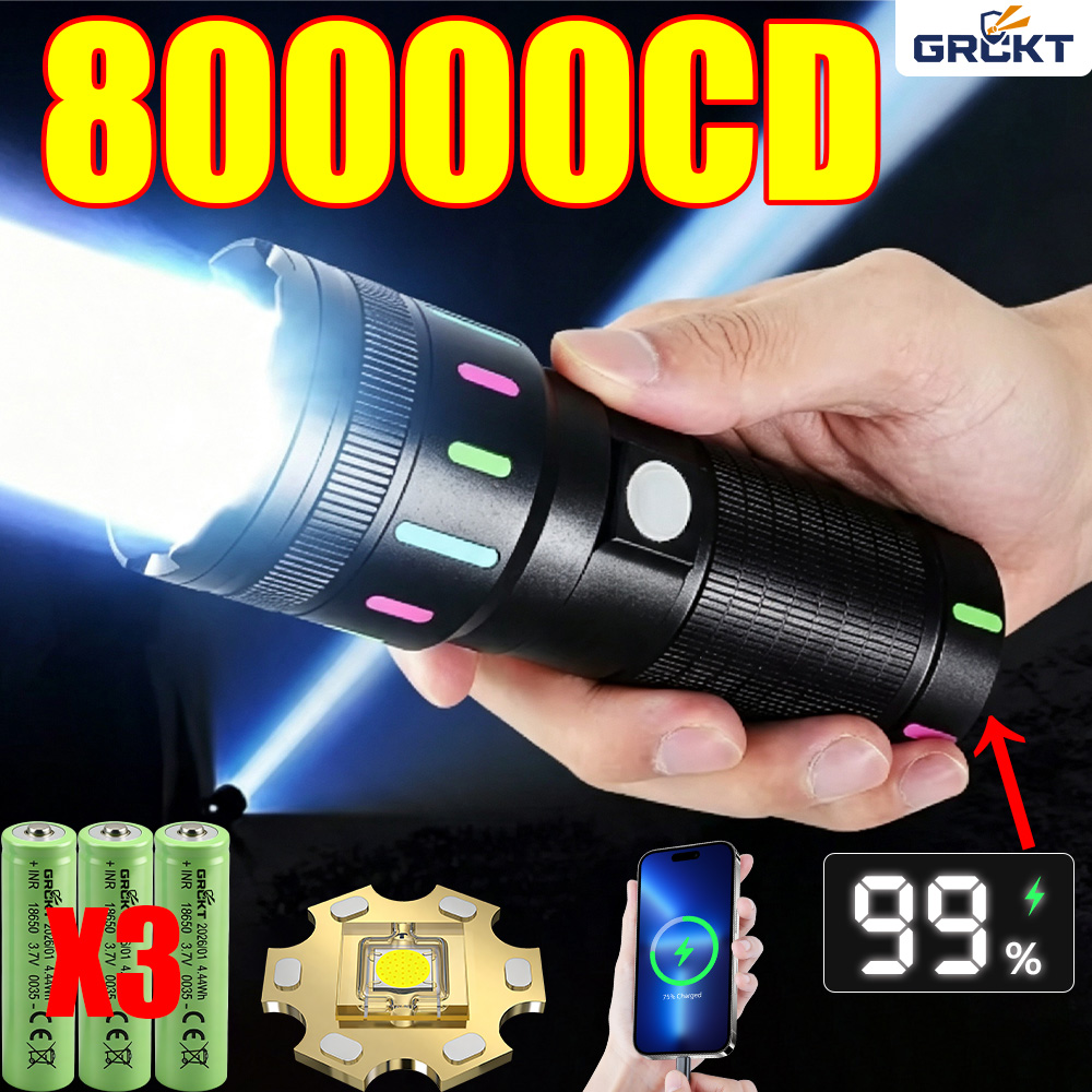 Outdoor Hunting Lights - 80000CD 最も強力なLED懐中電灯 ハイパワー戦術ハンティング懐中電灯 充電式トーチ アウトドア防水ランタンライトレーザーポインター 超強力