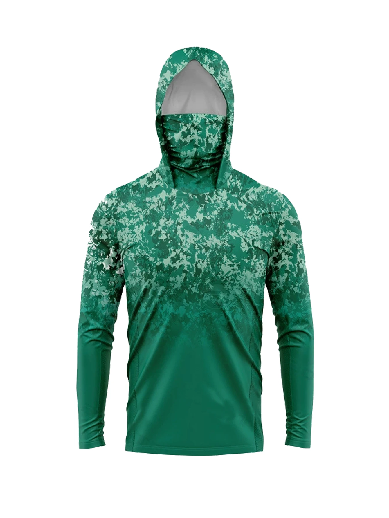 Outdoor Hunting Prints - メンズUPF50+日焼け防止フィッシングフーディー、フェイスマスク付き、グリーンデジタルカモフラージュ、速乾性、UVカット、ボート、ハンティング用長袖シャツ